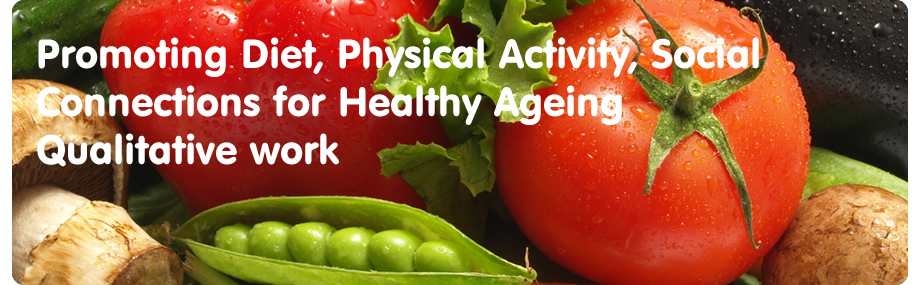 Lots of Fruit with strapline on top "Promoting Diet, Physical Activity, Social Connections for Healthy Ageing Qualitative work"