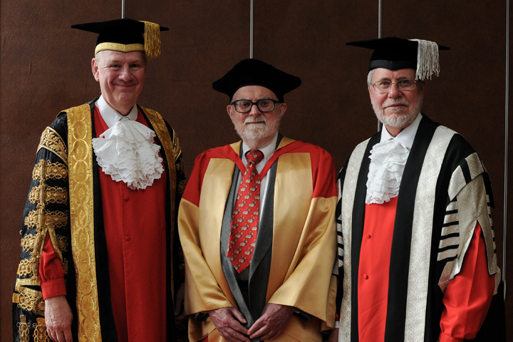Brian Alderson with Newcastle University Chancellor Sir Liam Donaldson (left), and Vice Chancellor Professor Chris Brink (right)