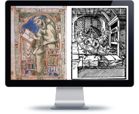 A computer screen depicting an illumination of a scribe and a print of early modern printing