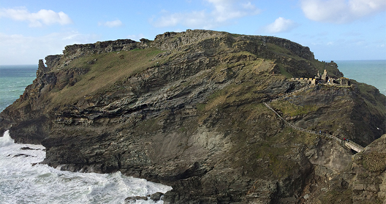 View of the early medieval settlement at Tintagel in Cornwall