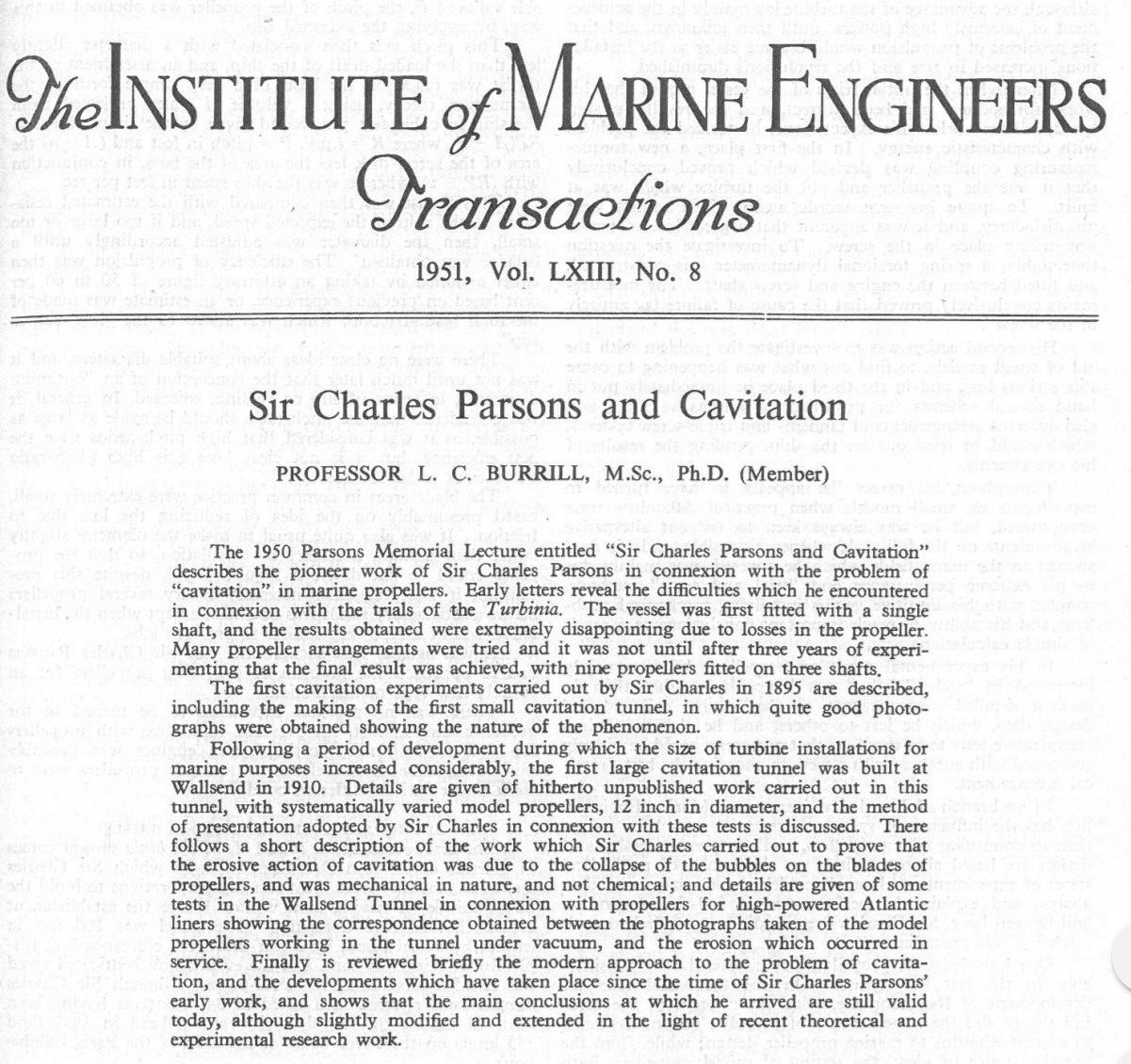 Sir Charles Parsons and Cavitation