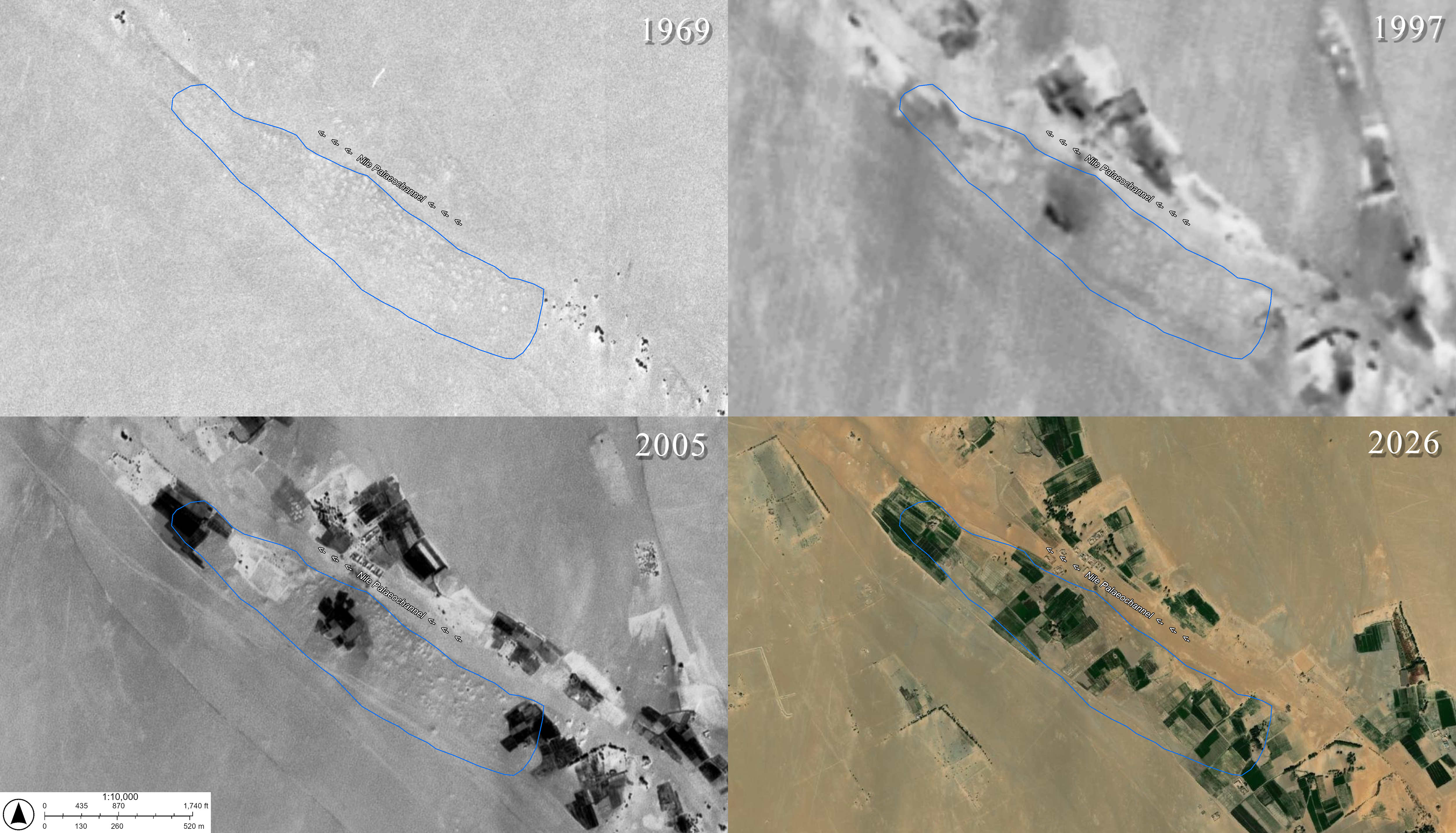SIte P17 depicted in satellite imagery from 1969 (CORONA) 1997 (SPOT) 2005 (SPOT) and 2026 SIte P17 depicted in satellite imagery from 1969 (CORONA) 1997 (SPOT) 2005 (SPOT) and 2026
